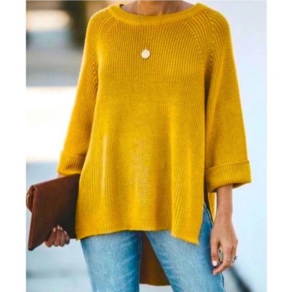 Women's yellow-mustard-knit-high low hem- sweater Sz Large - Picture 5 of 6